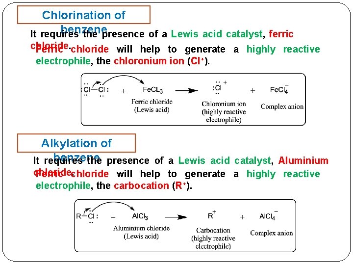 Chlorination of benzene It requires the presence of a Lewis acid catalyst, ferric chloride.