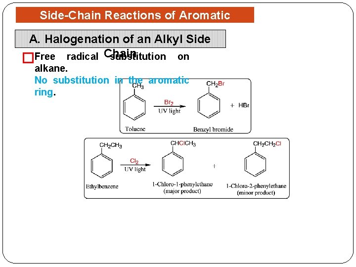 Side-Chain Reactions of Aromatic Compounds A. Halogenation of an Alkyl Side substitution on �Free