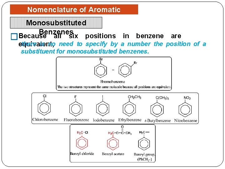 Nomenclature of Aromatic Compounds Monosubstituted Benzenes Because all six positions in benzene are �
