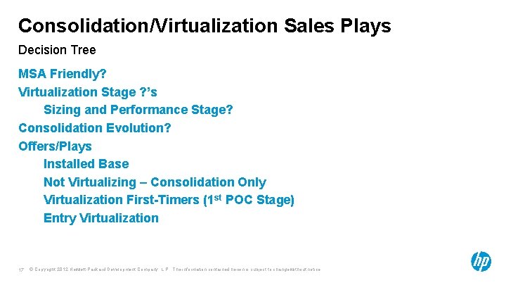 Consolidation/Virtualization Sales Plays Decision Tree MSA Friendly? Virtualization Stage ? ’s Sizing and Performance