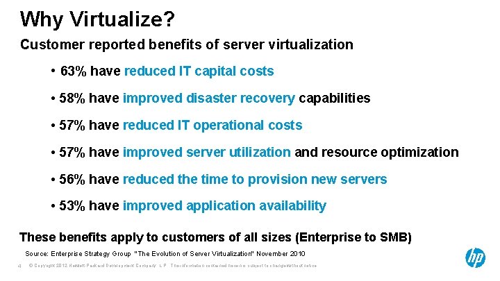 Why Virtualize? Customer reported benefits of server virtualization • 63% have reduced IT capital
