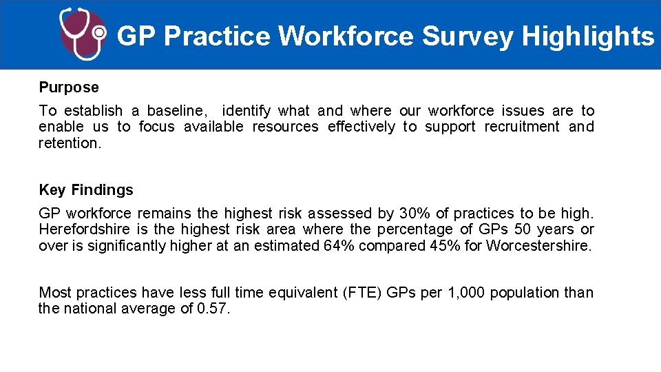 GP Practice Workforce Survey Highlights Purpose To establish a baseline, identify what and where
