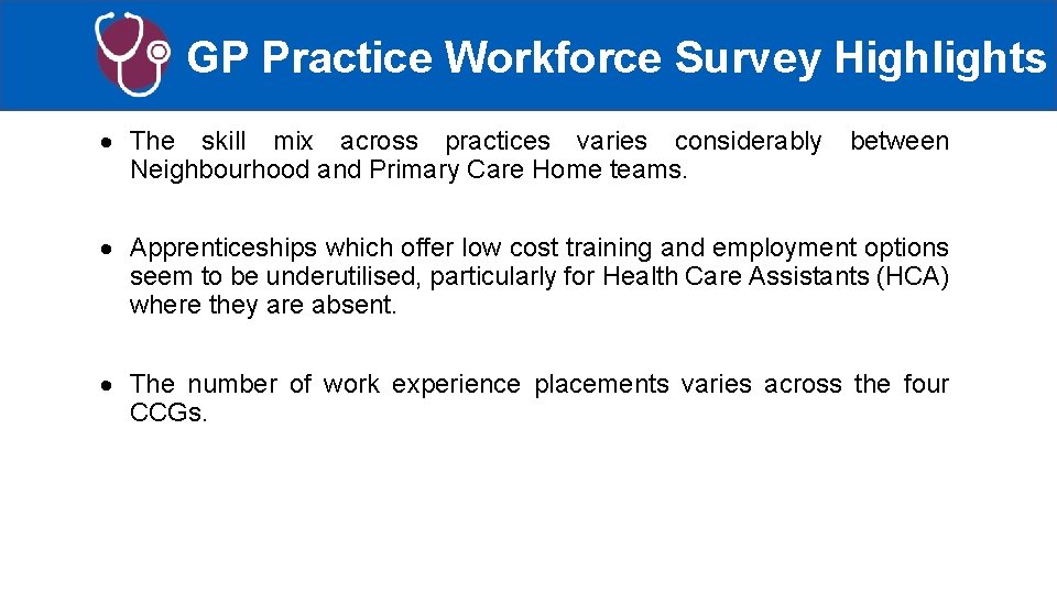 GP Practice Workforce Survey Highlights The skill mix across practices varies considerably between Neighbourhood