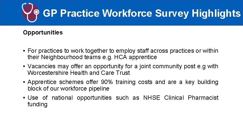 GP Practice Workforce Survey Highlights Opportunities • For practices to work together to employ
