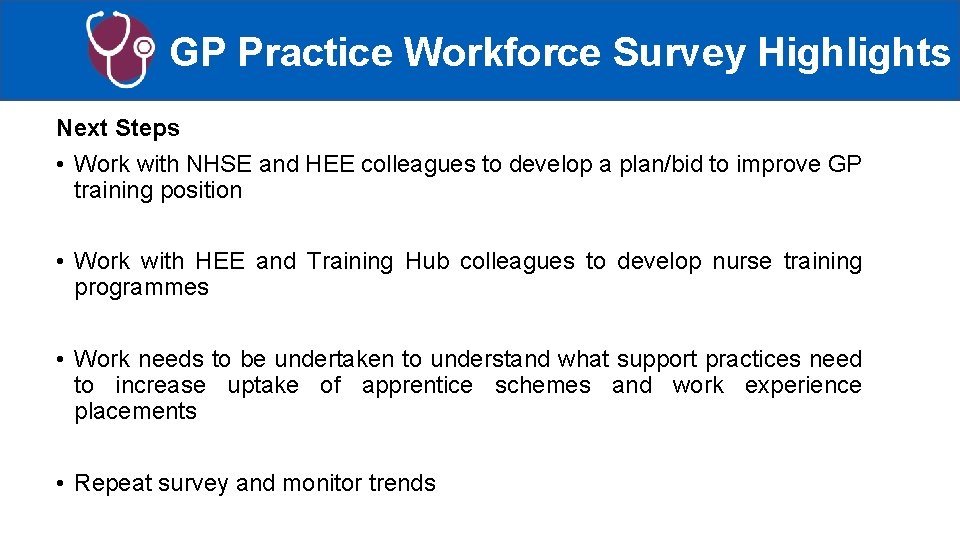 GP Practice Workforce Survey Highlights Next Steps • Work with NHSE and HEE colleagues