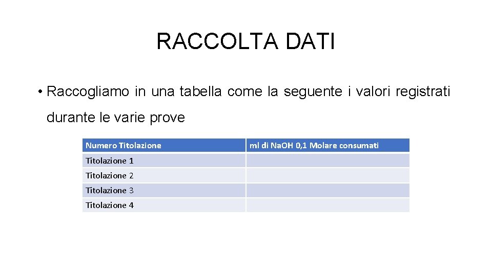 RACCOLTA DATI • Raccogliamo in una tabella come la seguente i valori registrati durante