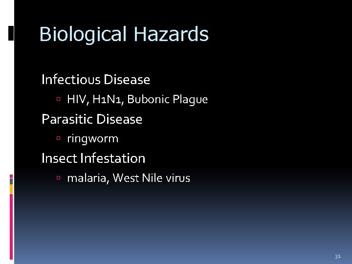 Biological Hazards Infectious Disease HIV, H 1 N 1, Bubonic Plague Parasitic Disease ringworm