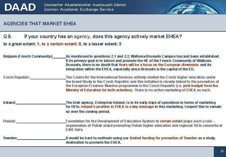 AGENCIES THAT MARKET EHEA Q 9. If your country has an agency, does this