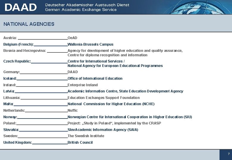 NATIONAL AGENCIES Austria: Oe. AD Belgium (French): Wallonia-Brussels Campus Bosnia and Herzegovina: Agency for