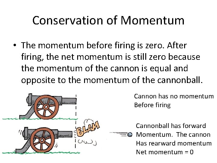 Conservation of Momentum • The momentum before firing is zero. After firing, the net