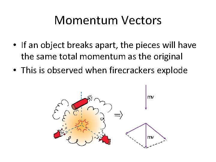 Momentum Vectors • If an object breaks apart, the pieces will have the same