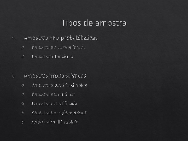 Tipos de amostra Amostras não-probabilísticas Amostra de conveniência Amostra intencional Amostras probabilísticas Amostra aleatória