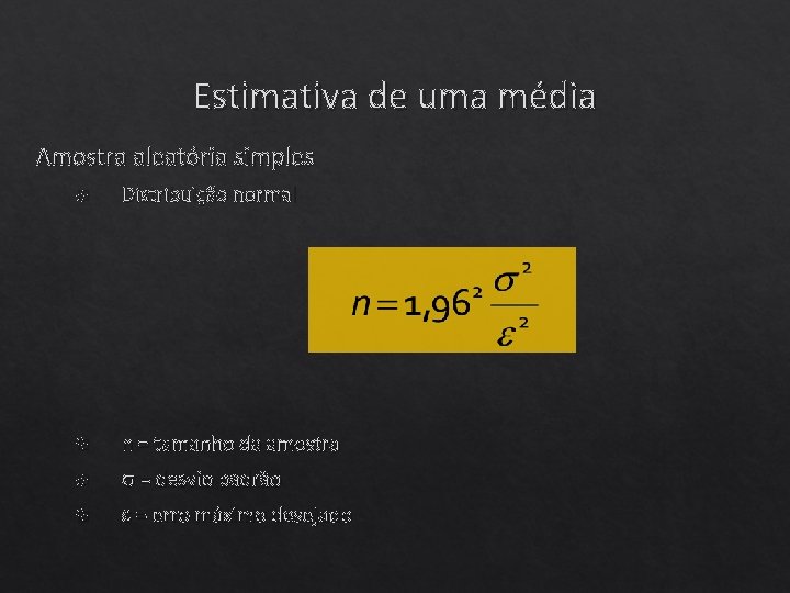 Estimativa de uma média Amostra aleatória simples Distribuição normal n = tamanho da amostra