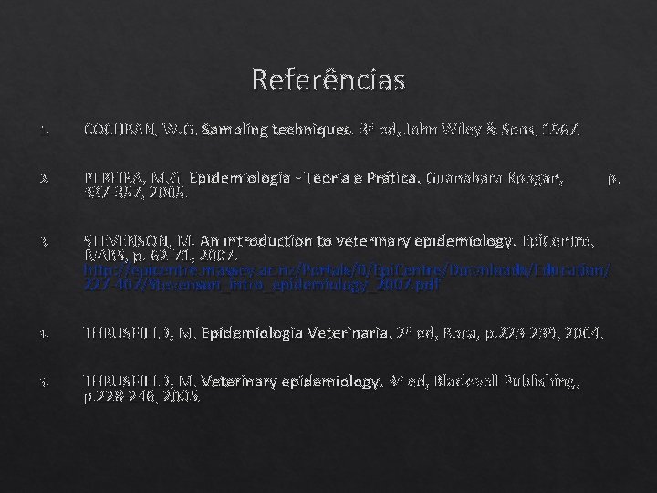 Referências 1. COCHRAN, W. G. Sampling techniques. 3ª ed, John Wiley & Sons, 1967.