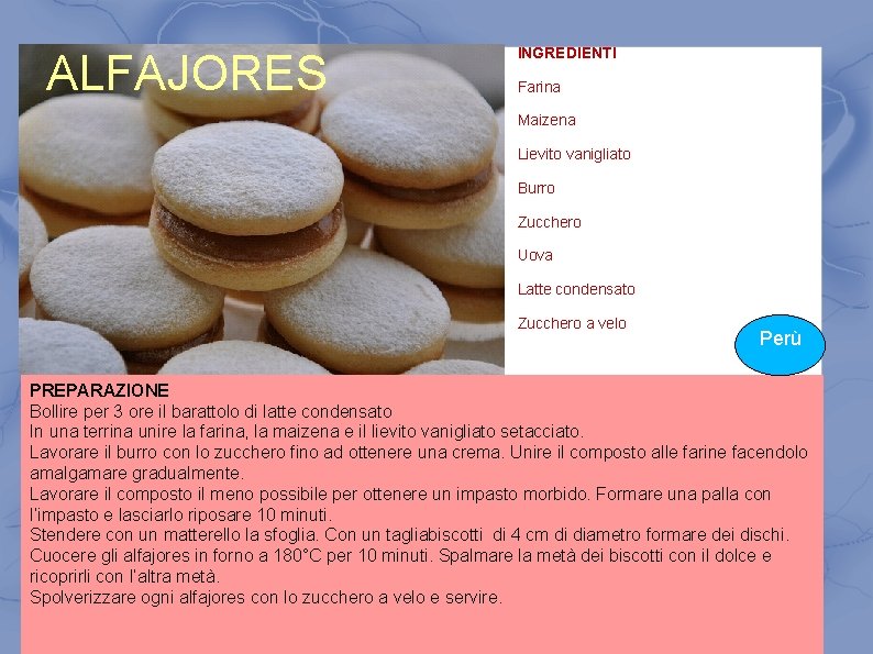 ALFAJORES INGREDIENTI Farina Maizena Lievito vanigliato Burro Zucchero Uova Latte condensato Zucchero a velo