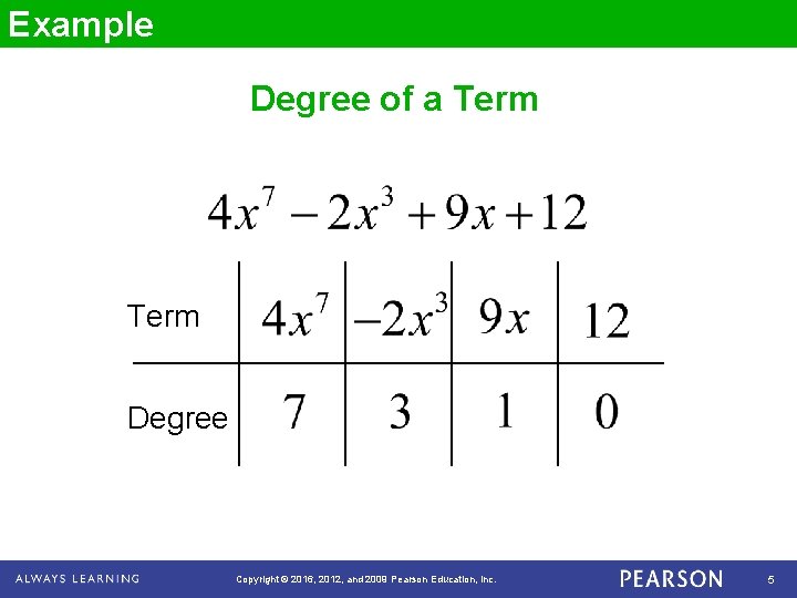 Example Degree of a Term Degree Copyright © 2016, 2012, and 2009 Pearson Education,