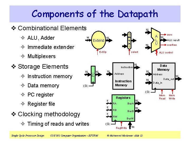 Components of the Datapath v Combinational Elements ² ALU, Adder 32 0 16 Extend