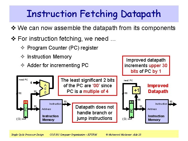 Instruction Fetching Datapath v We can now assemble the datapath from its components v