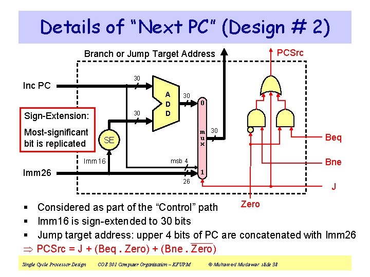 Details of “Next PC” (Design # 2) Branch or Jump Target Address PCSrc 30