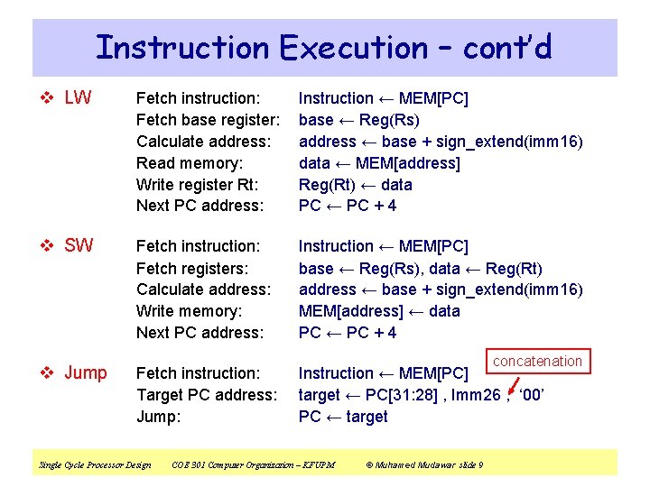 Instruction Execution – cont’d v LW Fetch instruction: Fetch base register: Calculate address: Read