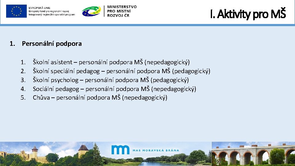 I. Aktivity pro MŠ 1. Personální podpora 1. 2. 3. 4. 5. Školní asistent
