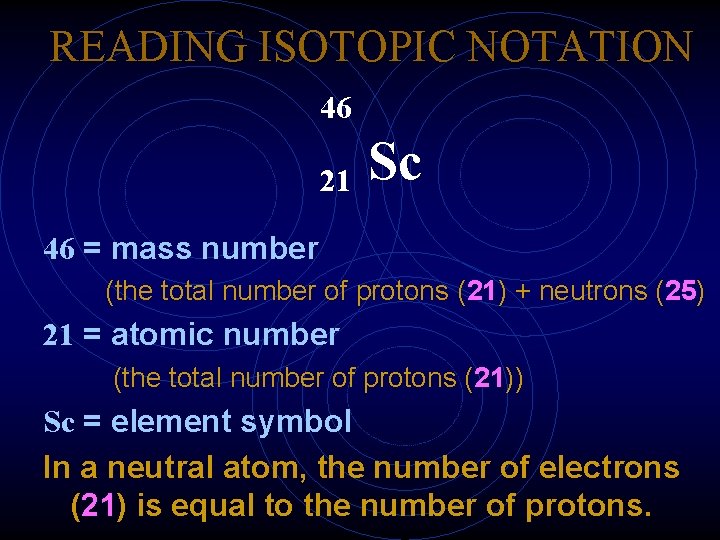 READING ISOTOPIC NOTATION 46 21 Sc 46 = mass number (the total number of