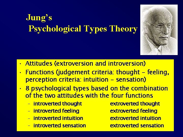 Jung’s Psychological Types Theory • Attitudes (extroversion and introversion) • Functions (judgement criteria: thought