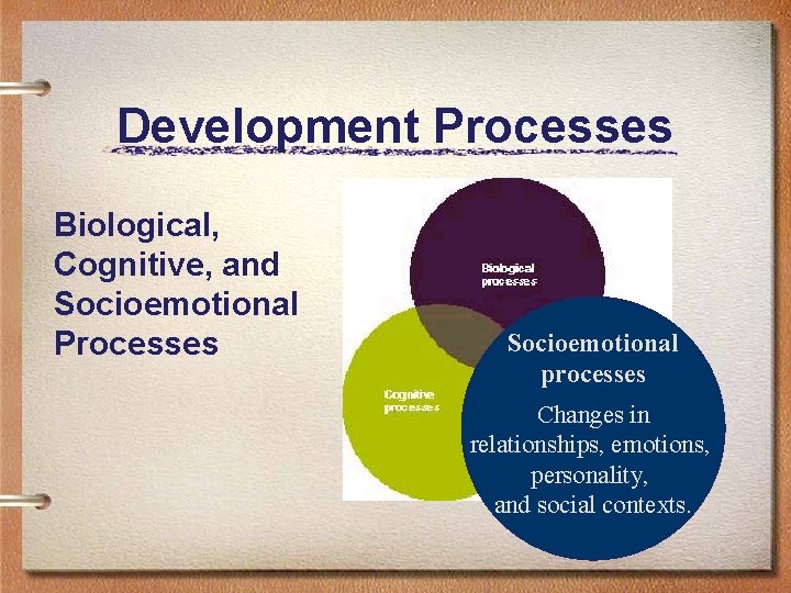 Development Processes Biological, Cognitive, and Socioemotional Processes Socioemotional processes Changes in relationships, emotions, personality,