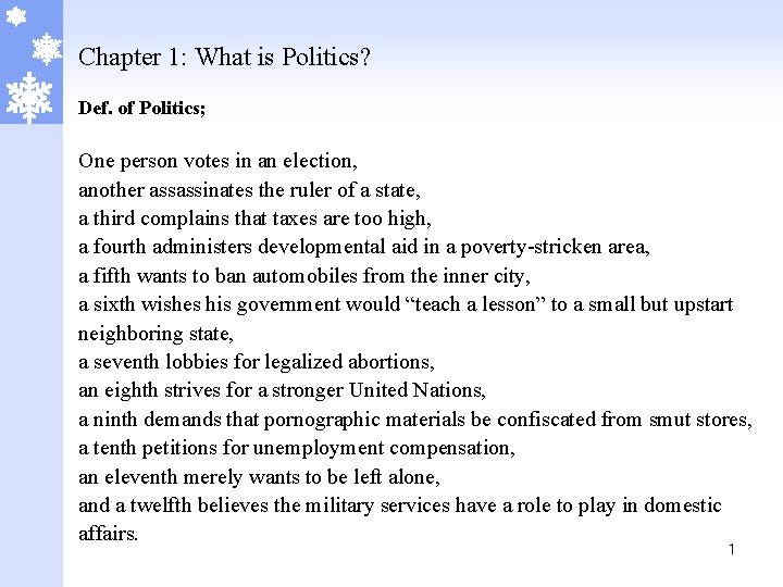 Chapter 1: What is Politics? Def. of Politics; One person votes in an election,