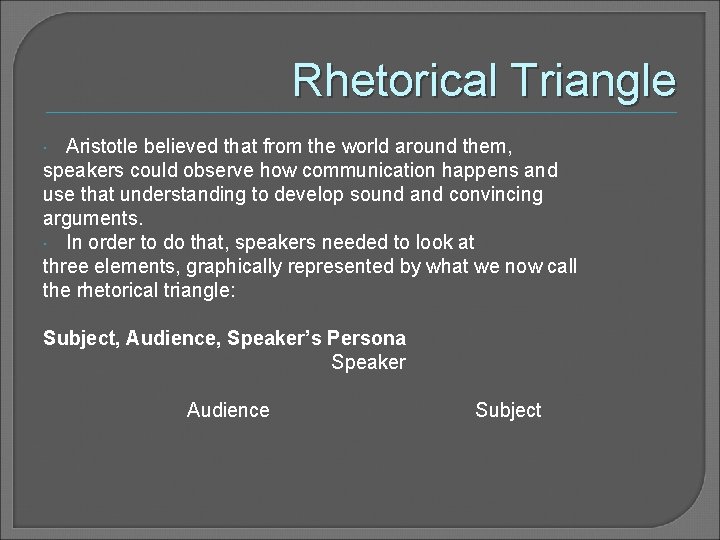 Rhetorical Triangle Aristotle believed that from the world around them, speakers could observe how