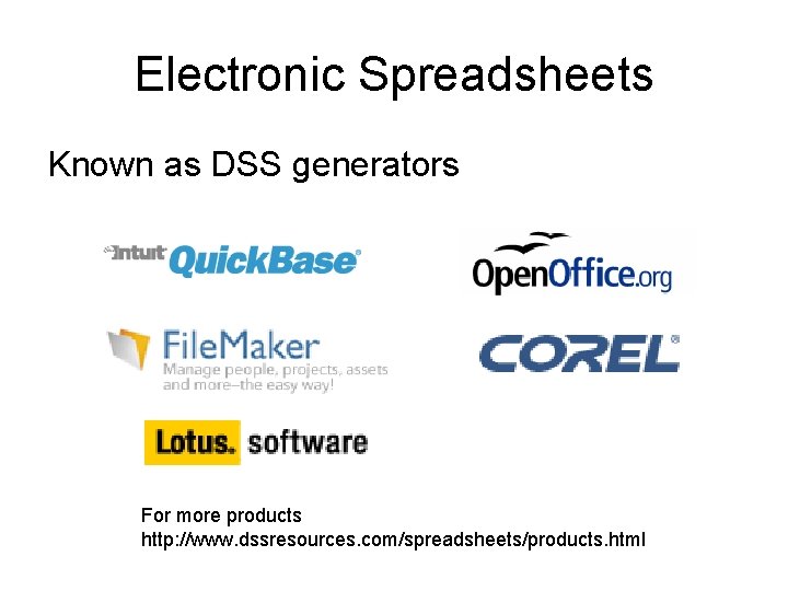 Electronic Spreadsheets Known as DSS generators For more products http: //www. dssresources. com/spreadsheets/products. html