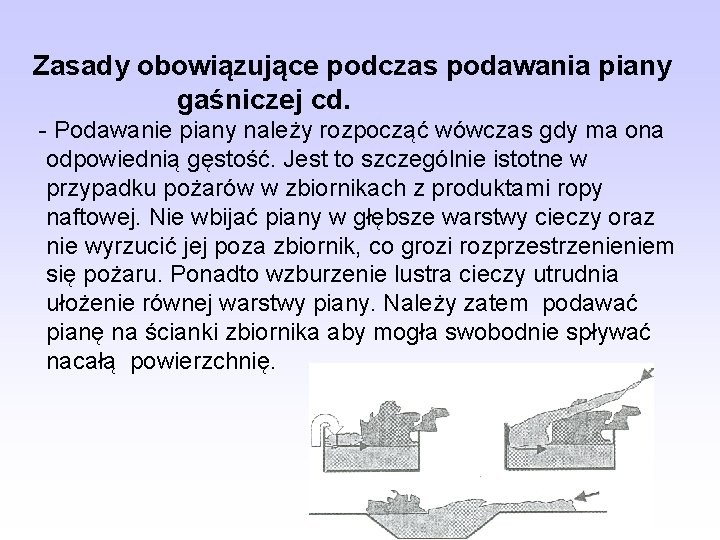 Zasady obowiązujące podczas podawania piany gaśniczej cd. - Podawanie piany należy rozpocząć wówczas gdy