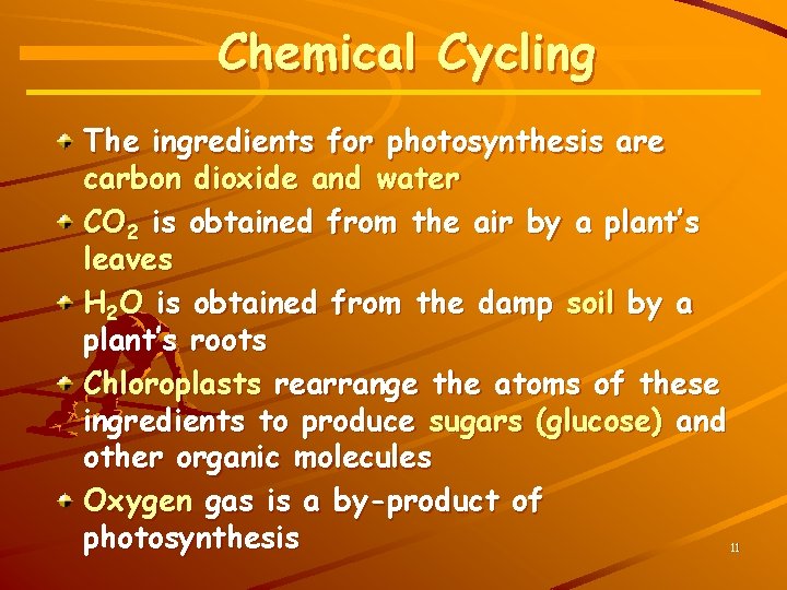 Chemical Cycling The ingredients for photosynthesis are carbon dioxide and water CO 2 is