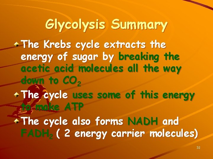 Glycolysis Summary The Krebs cycle extracts the energy of sugar by breaking the acetic