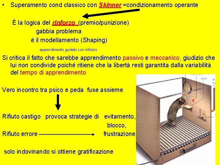  • Superamento cond classico con Skinner =condizionamento operante Skinner È la logica del