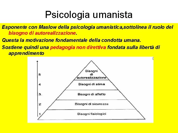 Psicologia umanista Esponente con Maslow della psicologia umanistica, sottolinea il ruolo del bisogno di