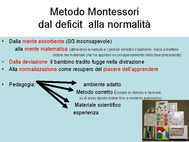 Metodo Montessori dal deficit alla normalità • Dalla mente assorbente (0/3 inconsapevole) alla mente