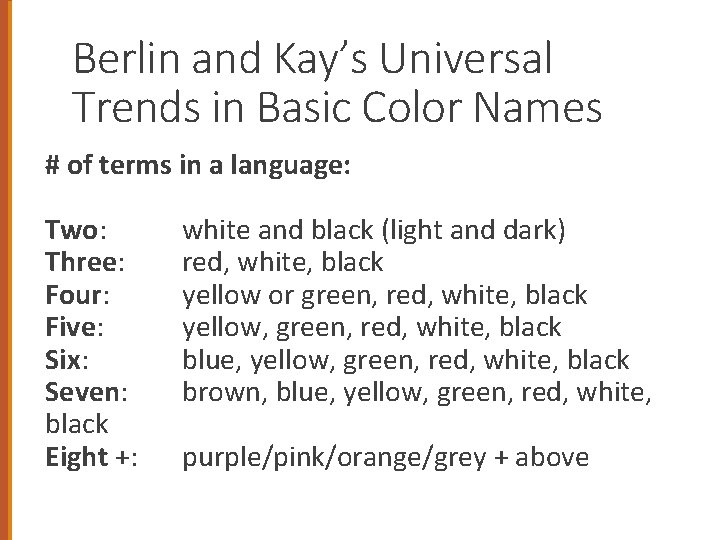 Berlin and Kay’s Universal Trends in Basic Color Names # of terms in a