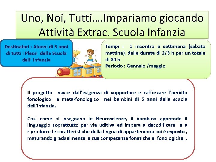 Uno, Noi, Tutti…. Impariamo giocando Attività Extrac. Scuola Infanzia Destinatari : Alunni di 5