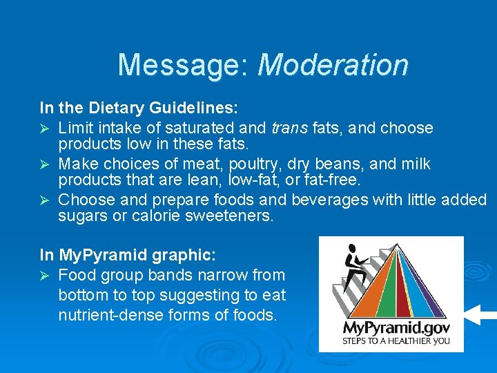 Message: Moderation In the Dietary Guidelines: Ø Limit intake of saturated and trans fats,