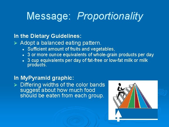 Message: Proportionality In the Dietary Guidelines: Ø Adopt a balanced eating pattern. l l