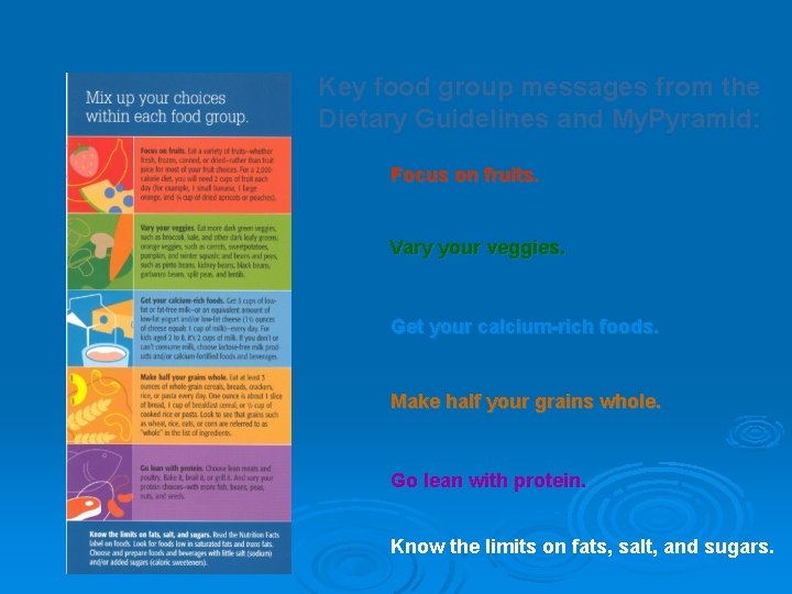 Key food group messages from the Dietary Guidelines and My. Pyramid: Focus on fruits.