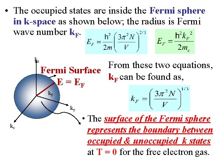  • The occupied states are inside the Fermi sphere in k-space as shown