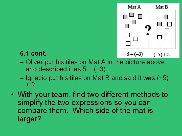 6. 1 cont. – Oliver put his tiles on Mat A in the picture