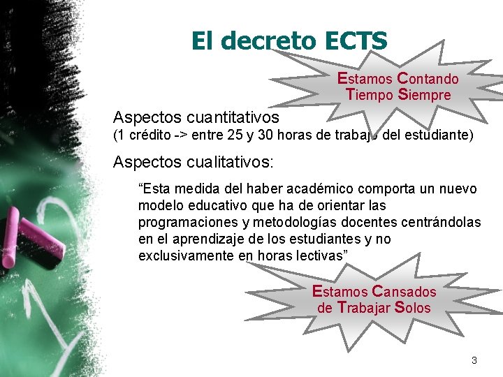 El decreto ECTS Estamos Contando Tiempo Siempre Aspectos cuantitativos (1 crédito -> entre 25 El decreto ECTS Estamos Contando Tiempo Siempre Aspectos cuantitativos (1 crédito -> entre 25