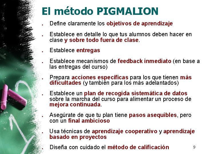 El método PIGMALION. Define claramente los objetivos de aprendizaje. Establece en detalle lo que El método PIGMALION. Define claramente los objetivos de aprendizaje. Establece en detalle lo que
