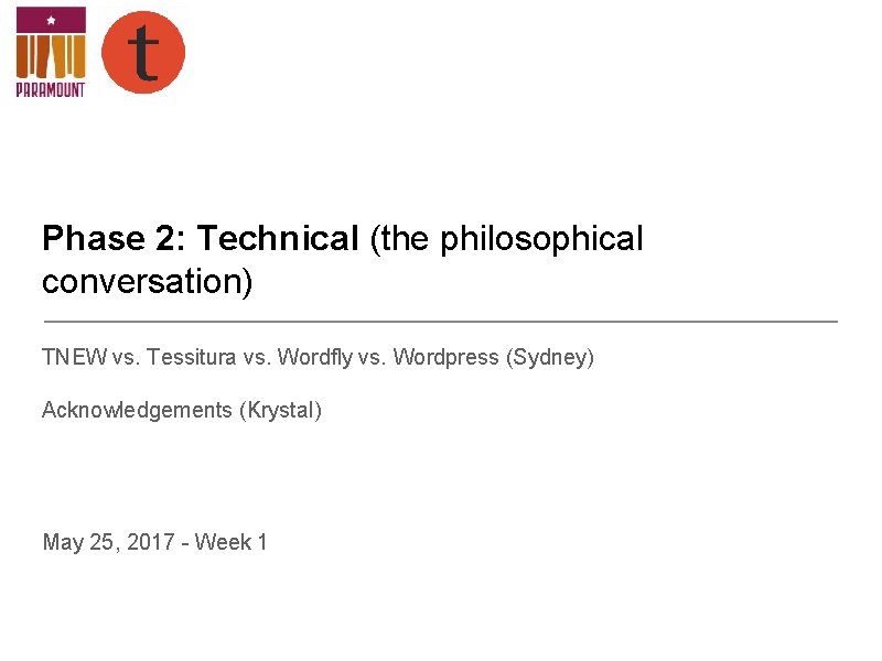Phase 2: Technical (the philosophical conversation) TNEW vs. Tessitura vs. Wordfly vs. Wordpress (Sydney)