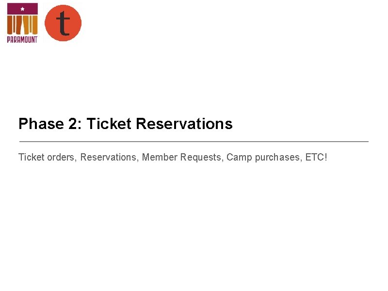 Phase 2: Ticket Reservations Ticket orders, Reservations, Member Requests, Camp purchases, ETC! 