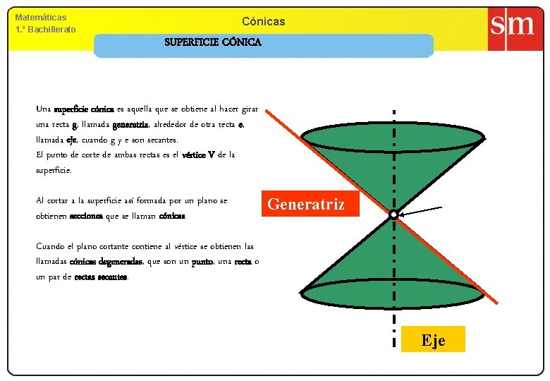 Matemáticas 1. º Bachillerato Cónicas SUPERFICIE CÓNICA Una superficie cónica es aquella que se