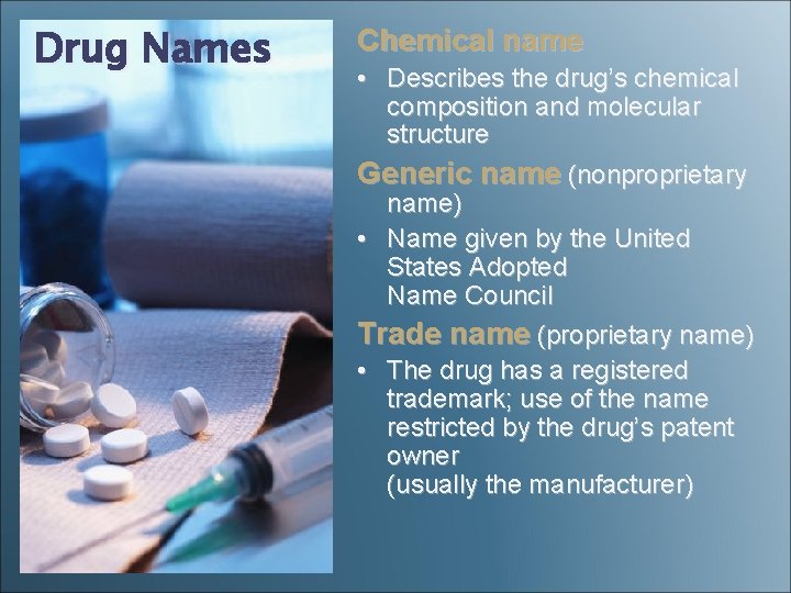 Drug Names Chemical name • Describes the drug’s chemical composition and molecular structure Generic Drug Names Chemical name • Describes the drug’s chemical composition and molecular structure Generic
